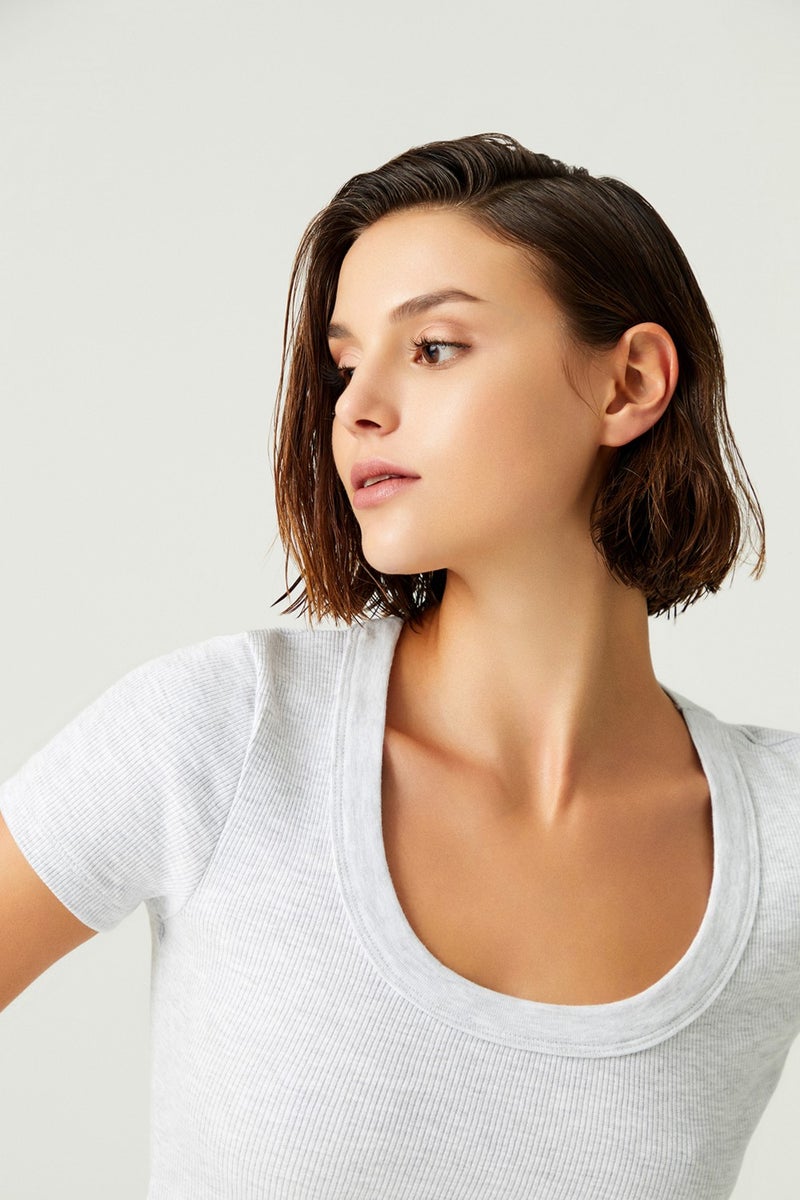 x Melodi Gray Cotton Twill Crop T-Shirt Short Sleeve