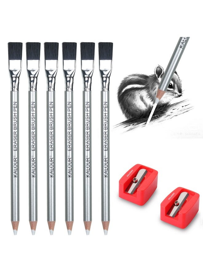 KALOUR Detail Eraser Pencil - 6Pc Eraser Pencils With Brush And 2Pc Sharpener,Erasing Small Details Or Add Highlights For Sketching, Charcoal Drawings. Fine Detail Eraser For Beginners & Artists - Image 1