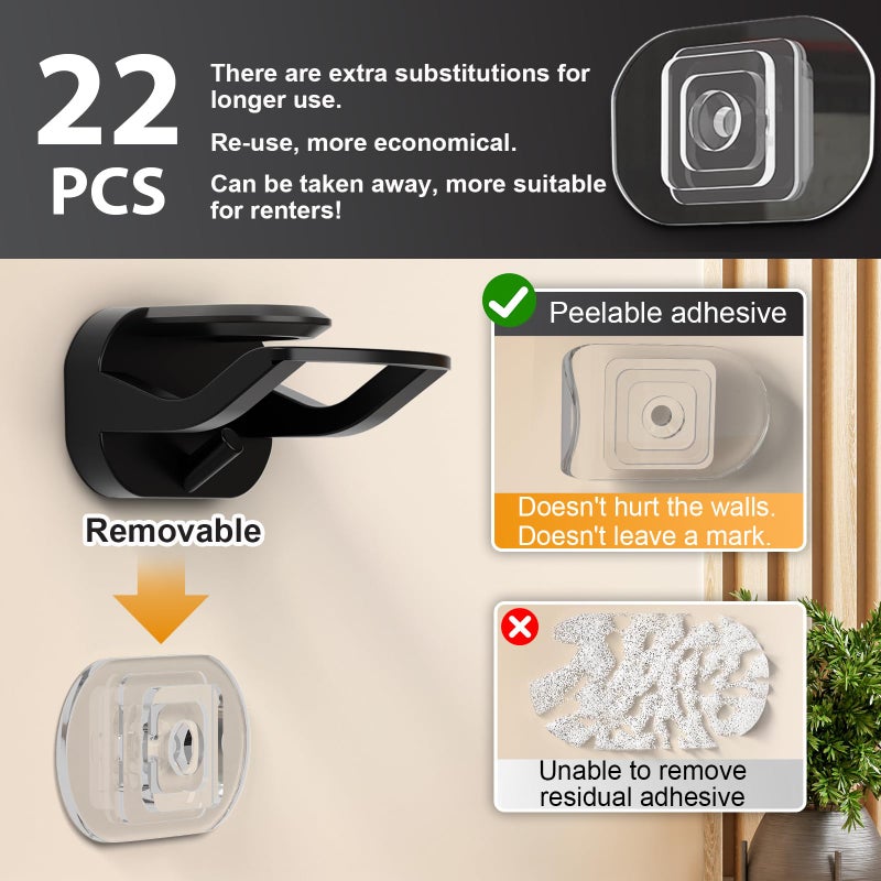 22 Pack Adhesive Hat Hooks for Wall, Removable Hat Rack for Baseball Caps, New Upgrade Wall Hat Holder, Hat Hanger(Black) - Image 3