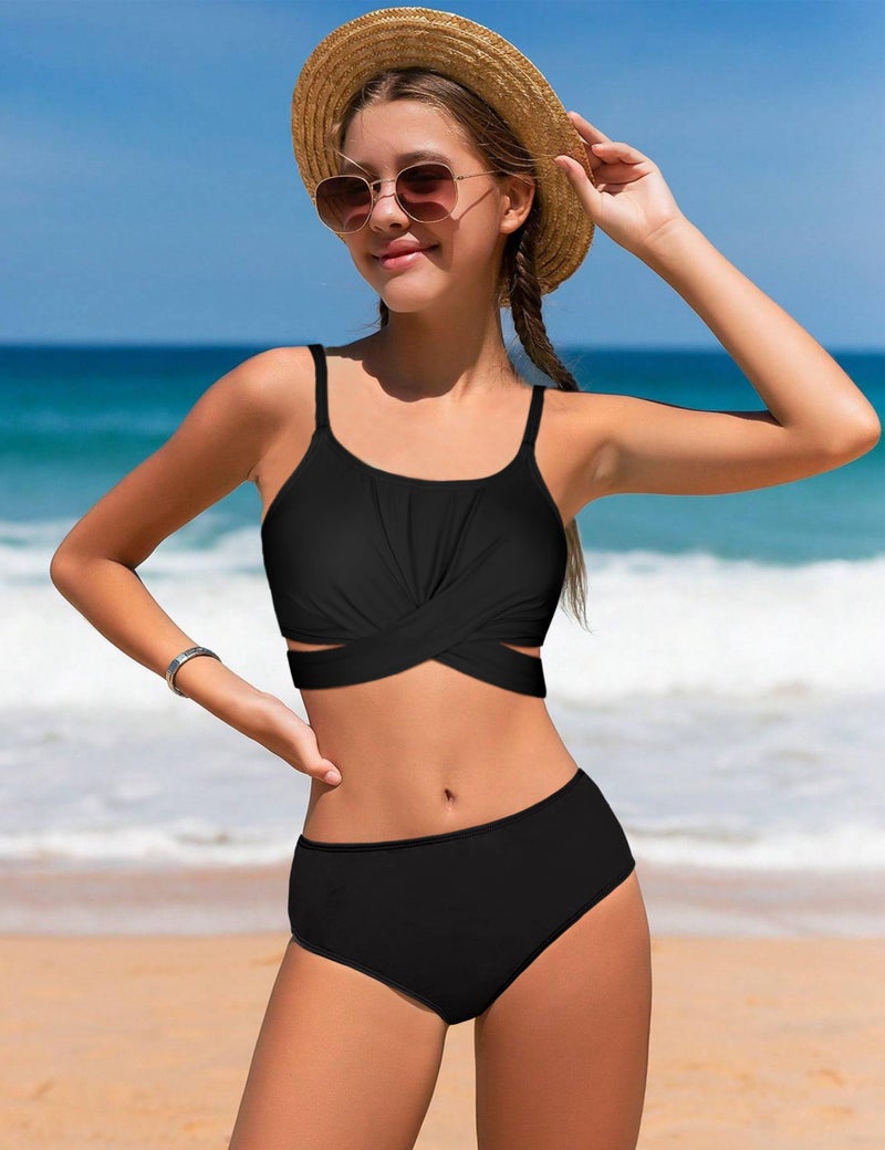 Dearnow Teen Girls Swimsuit Size 12 14 Bathing Suits 12-14 Criss Cross Black Tropical Print 3 Piece Bikini Teen Girls' Swimwear with Shorts - Image 3