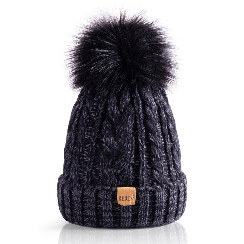 REDESS Women Winter Pompom Beanie Hat with Warm Fleece Lined, Thick Slouchy Snow Knit Skull Ski Cap - Image 1