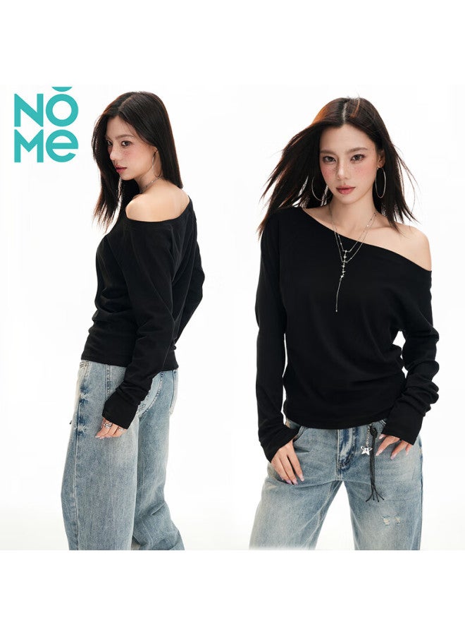 Nome Asymmetric Shoulder Top Women High-end Early Autumn Base Shirt Off-shoulder Long Sleeve T-shirt Gray XL - Image 4