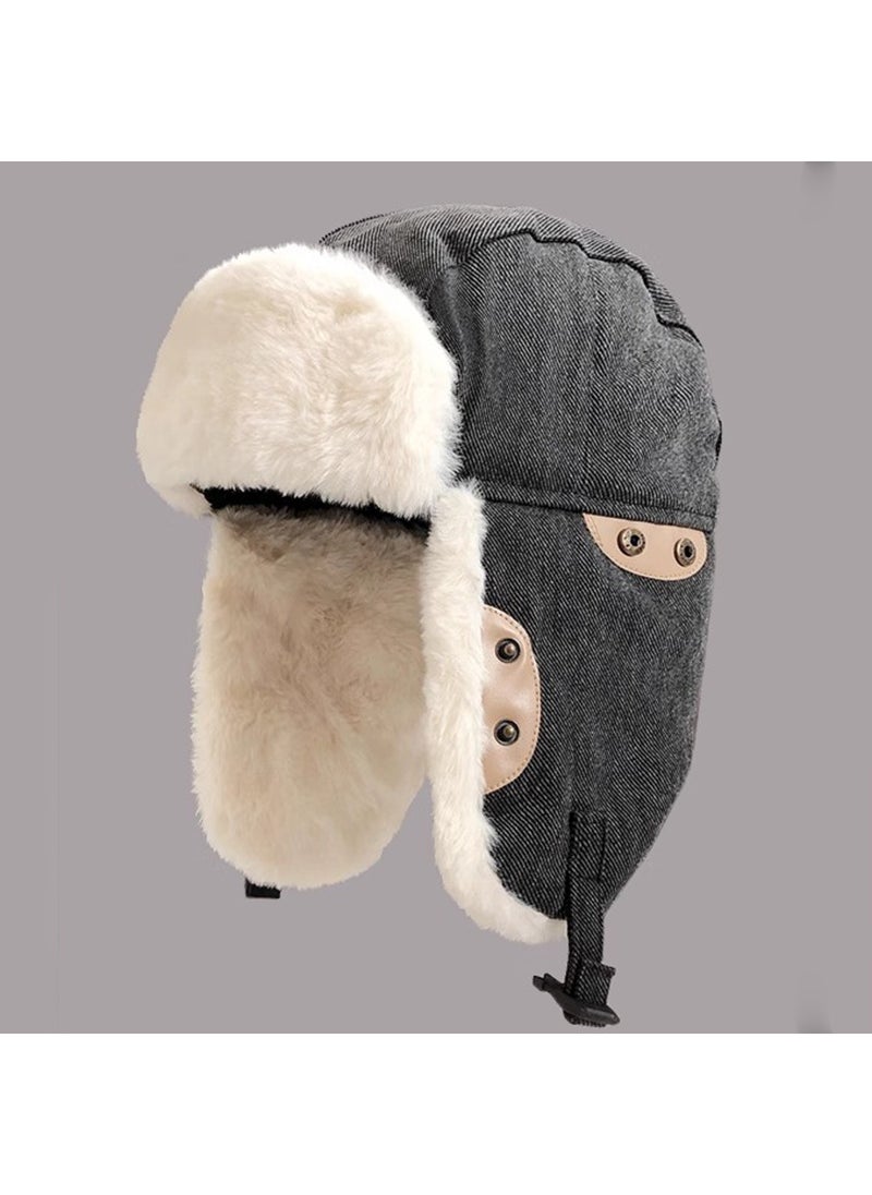 Generic - Korean style Lei Feng hat mens autumn and winter riding electric car ear protection hat female Northeast warm ski cotton hat pilot hat Gray Black - Image 1
