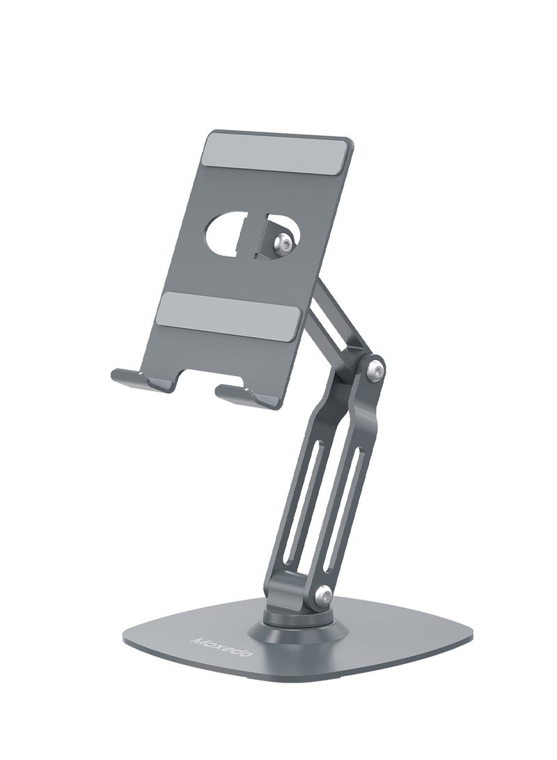Moxedo Bi-Axial Mobile Phone and Tablet Stand 360° Rotating Base Height Adjustable Foldable Design Aluminum Tablet and Phone Holder for Desk Compatible with 4 to 9.7” Devices - Image 1