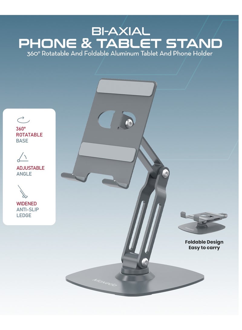 Moxedo Bi-Axial Mobile Phone and Tablet Stand 360° Rotating Base Height Adjustable Foldable Design Aluminum Tablet and Phone Holder for Desk Compatible with 4 to 9.7” Devices - Image 2