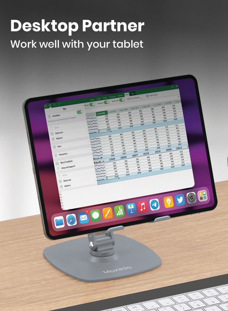 Moxedo Bi-Axial Mobile Phone and Tablet Stand 360° Rotating Base Height Adjustable Foldable Design Aluminum Tablet and Phone Holder for Desk Compatible with 4 to 9.7” Devices - Image 3