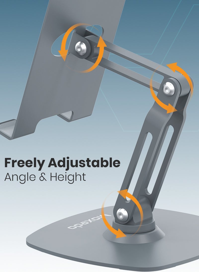Moxedo Bi-Axial Mobile Phone and Tablet Stand 360° Rotating Base Height Adjustable Foldable Design Aluminum Tablet and Phone Holder for Desk Compatible with 4 to 9.7” Devices - Image 4