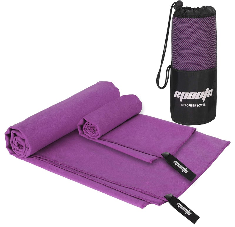 EPAuto Microfiber Fast Drying Towels 2-Pack (60" x 30", 24" x 15") for Travel, Gym, Camping, Beach and Backpacking, Purple - Image 1