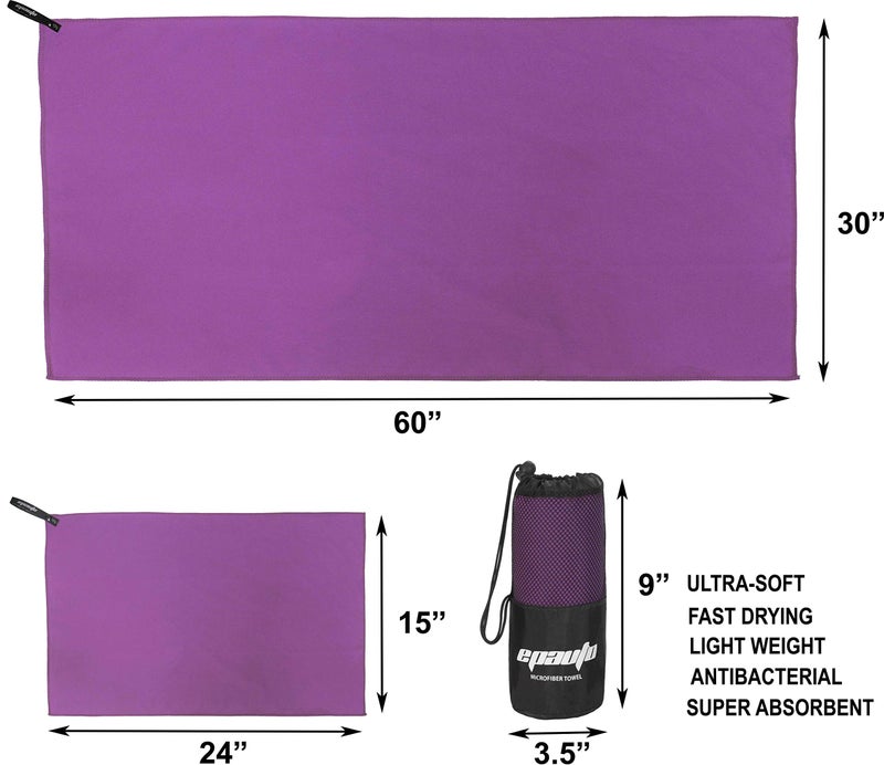 EPAuto Microfiber Fast Drying Towels 2-Pack (60" x 30", 24" x 15") for Travel, Gym, Camping, Beach and Backpacking, Purple - Image 2
