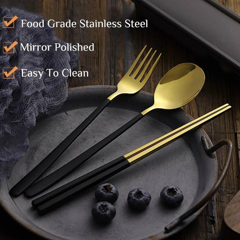 Newvent Premium Gold Stainless Steel Cutlery Set for Lunch Box 3 Piece Set Spoon Fork Chopsticks for Dinnerware and Tableware Pack of 2 - Image 2