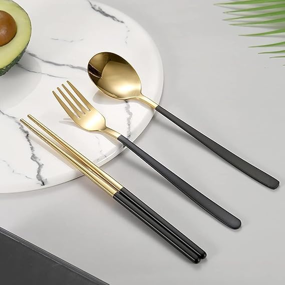 Newvent Premium Gold Stainless Steel Cutlery Set for Lunch Box 3 Piece Set Spoon Fork Chopsticks for Dinnerware and Tableware Pack of 2 - Image 3