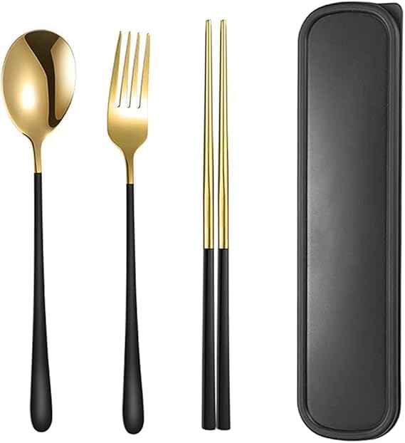 Newvent Premium Gold Stainless Steel Cutlery Set for Lunch Box 3 Piece Set Spoon Fork Chopsticks for Dinnerware and Tableware Pack of 2 - Image 1