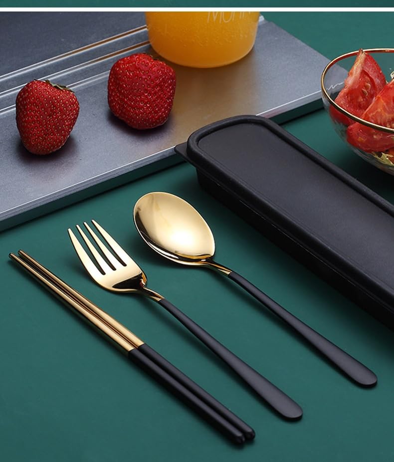 Newvent Premium Gold Stainless Steel Cutlery Set for Lunch Box 3 Piece Set Spoon Fork Chopsticks for Dinnerware and Tableware Pack of 2 - Image 5