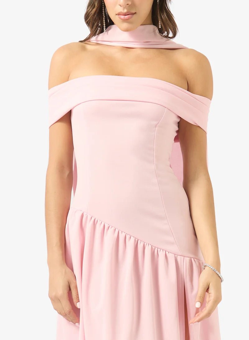Ginger  Off Shoulder Drop Waist Dress with Scarf for Women | Best Price UAE