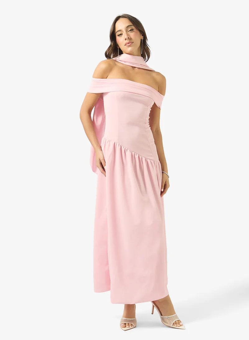 Off Shoulder Drop Waist Dress with Scarf