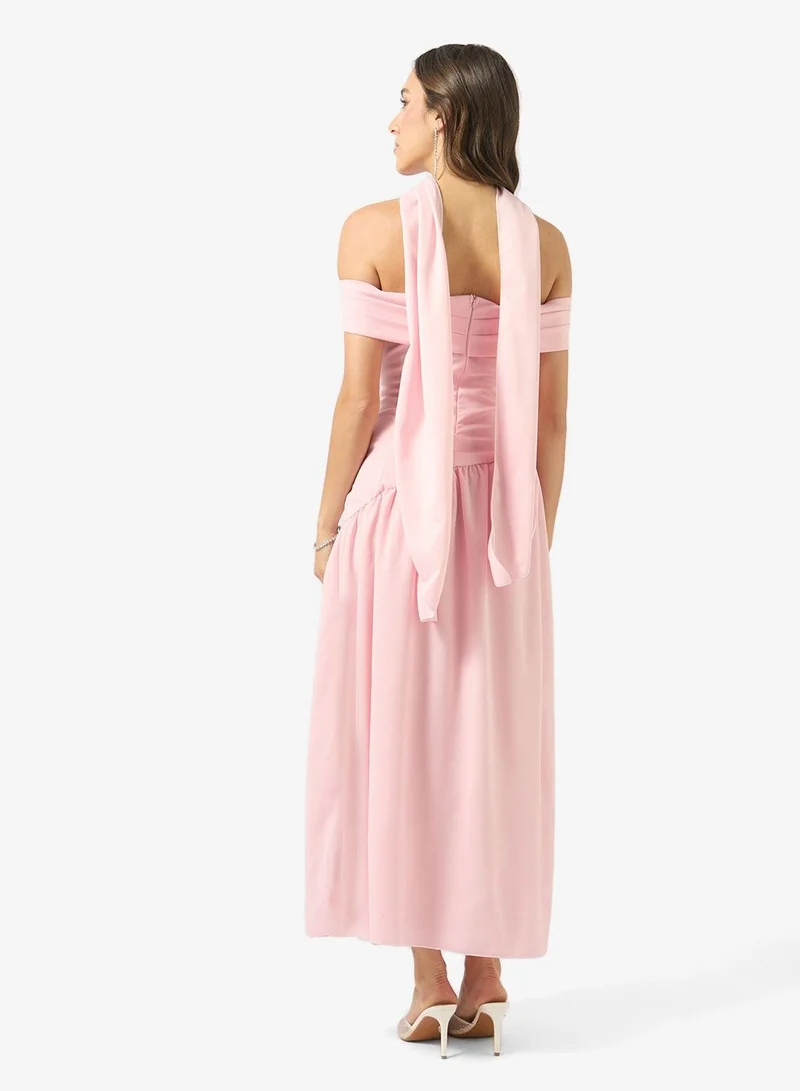 Ginger Off Shoulder Drop Waist Dress with Scarf
