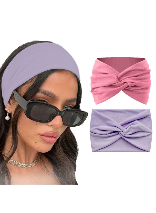 قطعتين من عصابات الرأس القطنية المحبوكة للنساء، بتصميم توربان بعقدة أنيقة، إكسسوارات شعر عصرية (بنفسجي وروز) - Image 1