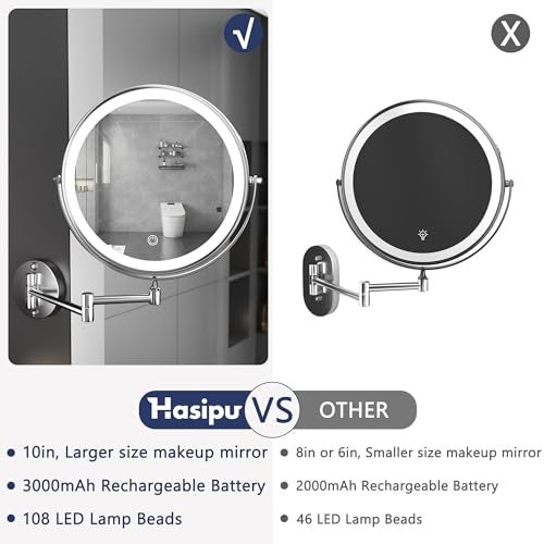 Hasipu 10-Inch Wall Mounted Makeup Mirror with Magnification, Rechargeable 3000 mAh Vanity Mirror with Lights, Bathroom Mirror with Dimmable Brightness, 3 Lighting Modes, Extendable Arm, Chrome - Image 2