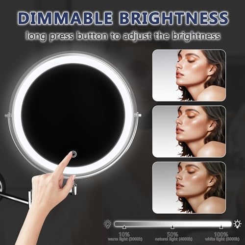 Hasipu 10-Inch Wall Mounted Makeup Mirror with Magnification, Rechargeable 3000 mAh Vanity Mirror with Lights, Bathroom Mirror with Dimmable Brightness, 3 Lighting Modes, Extendable Arm, Chrome - Image 5