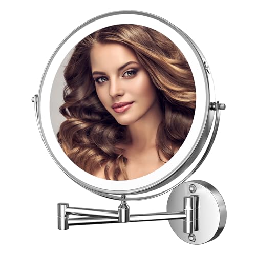 Hasipu 10-Inch Wall Mounted Makeup Mirror with Magnification, Rechargeable 3000 mAh Vanity Mirror with Lights, Bathroom Mirror with Dimmable Brightness, 3 Lighting Modes, Extendable Arm, Chrome - Image 1