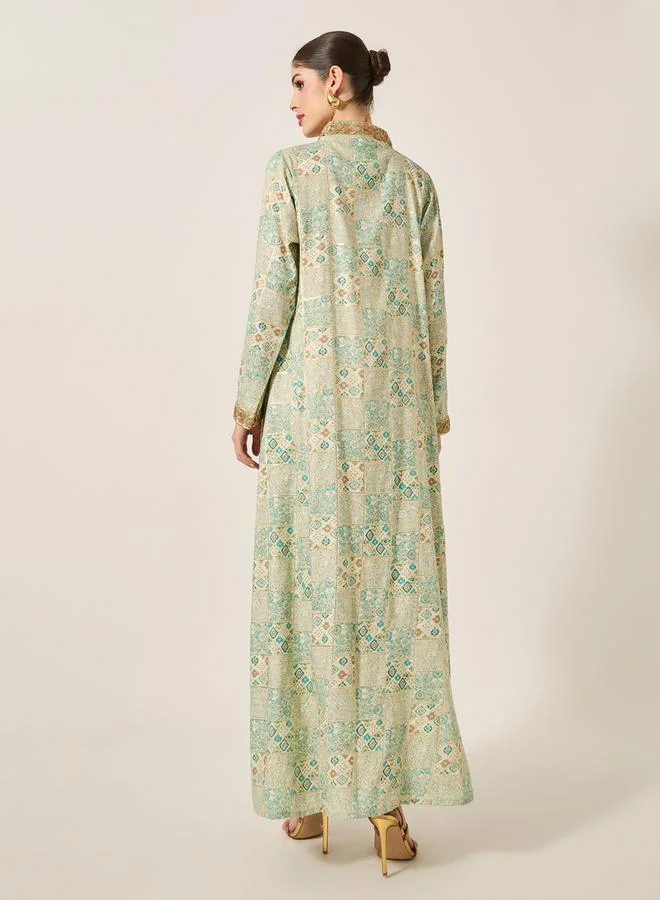 مكسيم كريشن Printed Lace Detail A-Line Jalabiya by Styli