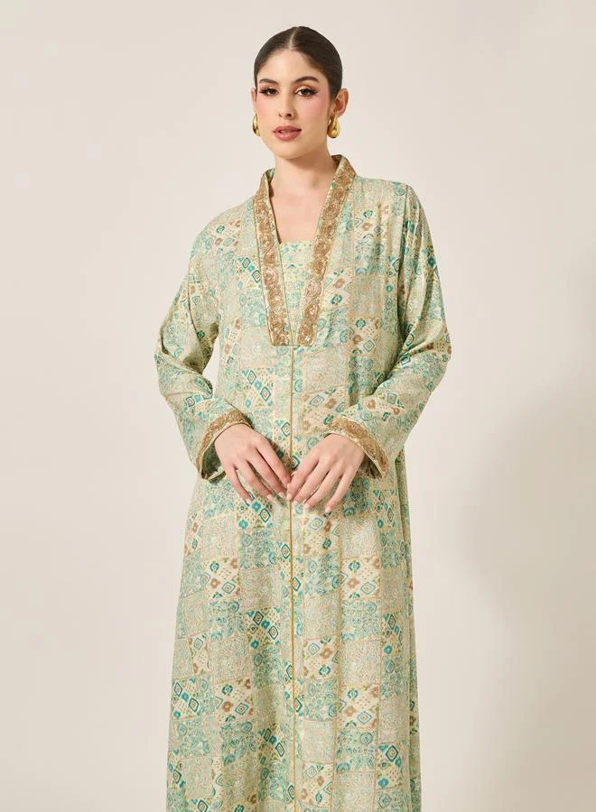 مكسيم كريشن Printed Lace Detail A-Line Jalabiya by Styli