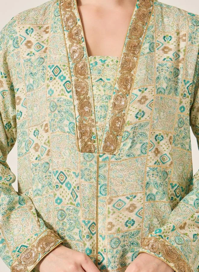 مكسيم كريشن Printed Lace Detail A-Line Jalabiya by Styli