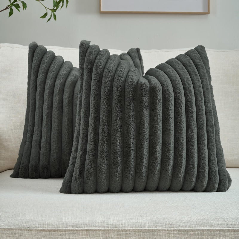 FUTEI Pack of 2 Fluffy Faux Fur Throw Pillow Covers 18x18 Inch Elegant Striped Textured Decorative Cushion Cases Modern Accent Pillow for Couch Bed Living Room Dark Grey - Image 2