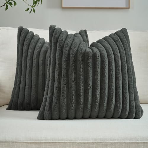FUTEI Pack of 2 Fluffy Faux Fur Throw Pillow Covers 18x18 Inch Elegant Striped Textured Decorative Cushion Cases Modern Accent Pillow for Couch Bed Living Room Dark Grey - Image 1