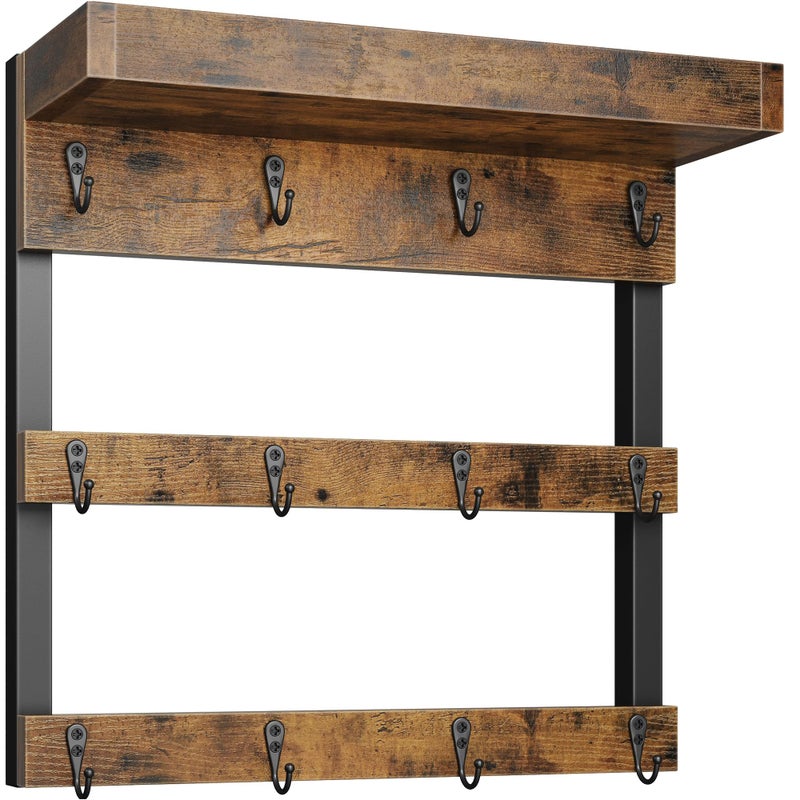 OROPY Coffee Mug Rack Wall Mounted Rustic Wood Cups Rack with 12 Hooks and Storage Shelf for Home Kitchen Display and Collection Rustic Brown