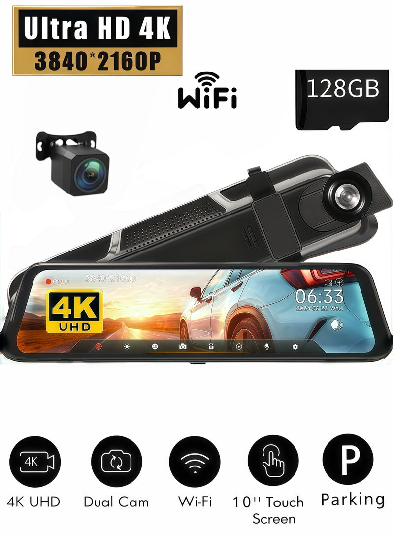 9.66-inch 4K (3840*2160) Car DVR with WiFi, 140° Night Vision Wide Angle, G-sensor support, 128GB card compatibility. Streaming rearview mirror design, dual front and rear cameras, IPS display driving recorder. - Image 1