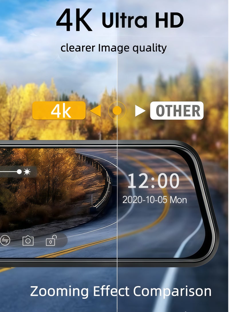 9.66-inch 4K (3840*2160) Car DVR with WiFi, 140° Night Vision Wide Angle, G-sensor support, 128GB card compatibility. Streaming rearview mirror design, dual front and rear cameras, IPS display driving recorder. - Image 3