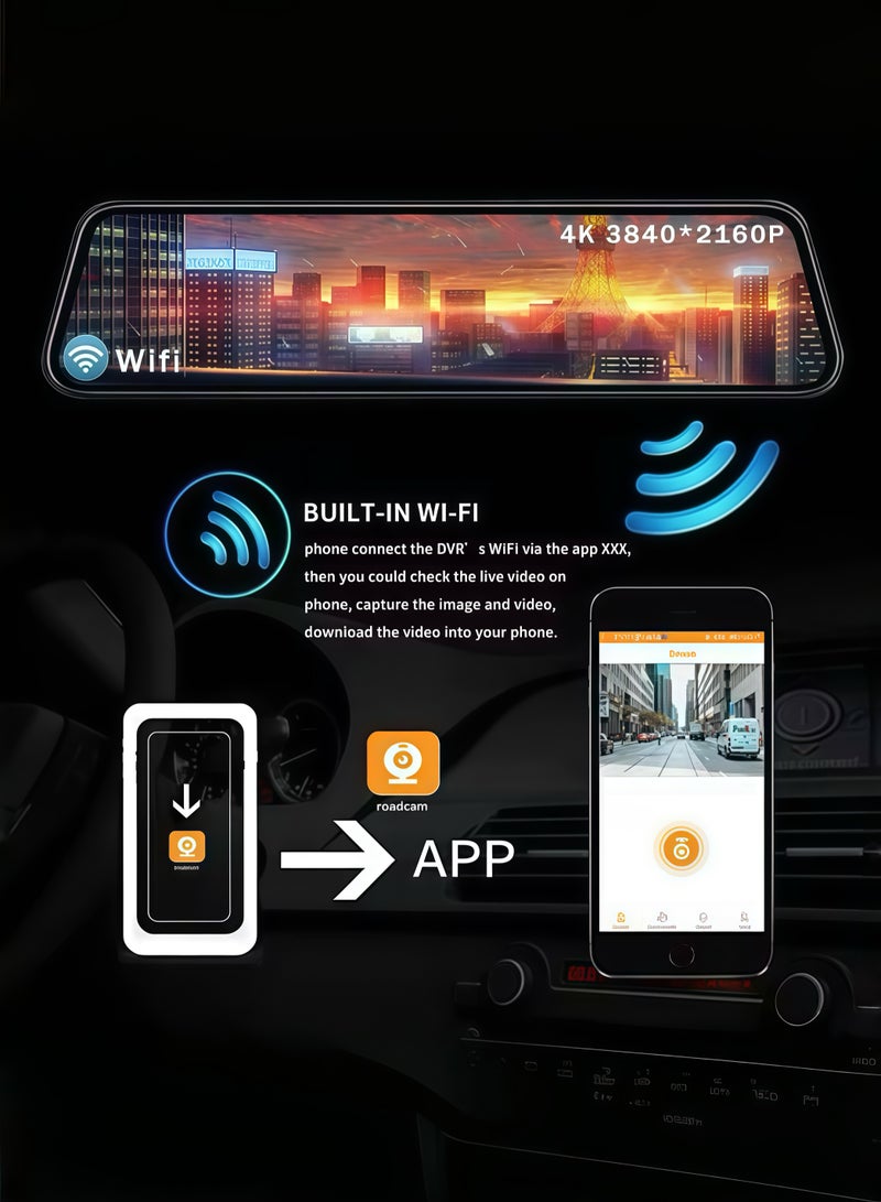 9.66-inch 4K (3840*2160) Car DVR with WiFi, 140° Night Vision Wide Angle, G-sensor support, 128GB card compatibility. Streaming rearview mirror design, dual front and rear cameras, IPS display driving recorder. - Image 4