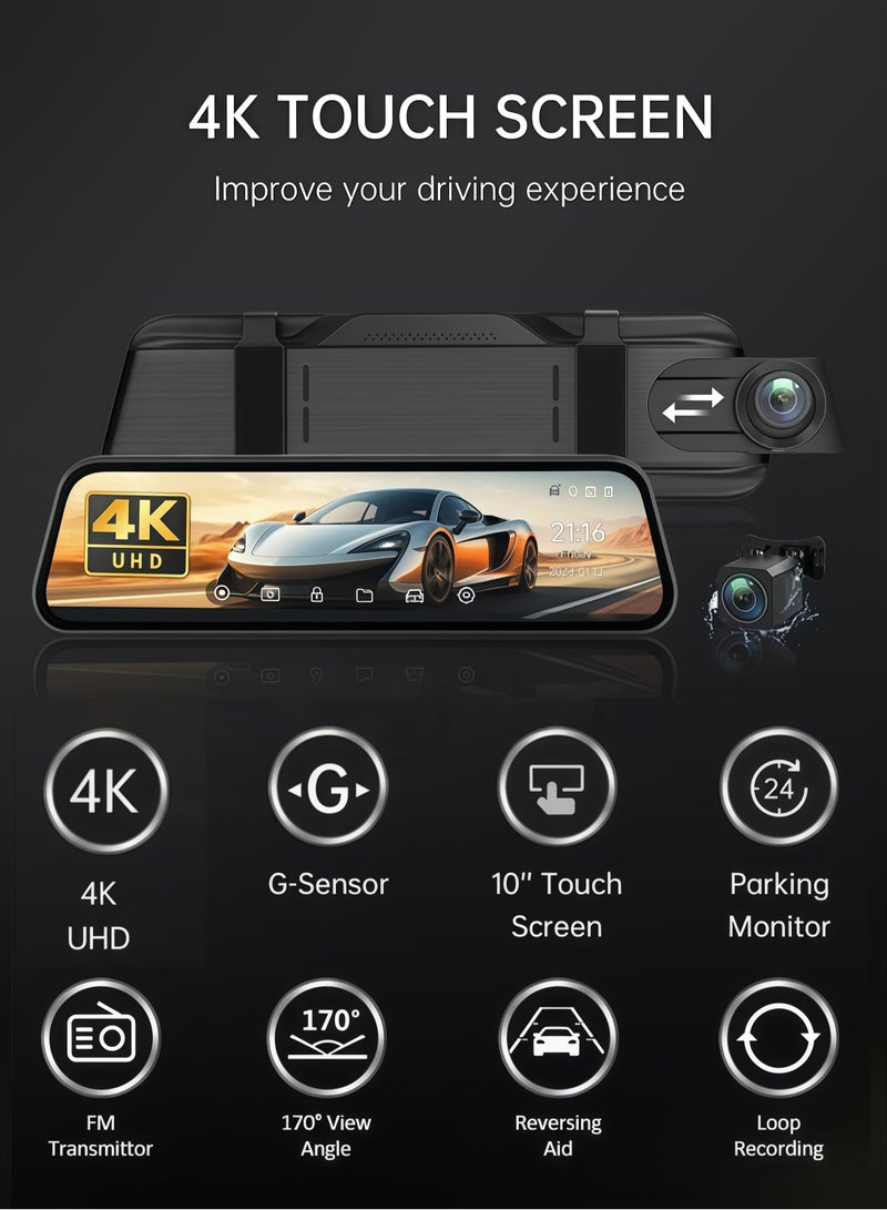 9.66-inch 4K (3840*2160) Car DVR with WiFi, 140° Night Vision Wide Angle, G-sensor support, 128GB card compatibility. Streaming rearview mirror design, dual front and rear cameras, IPS display driving recorder. - Image 2