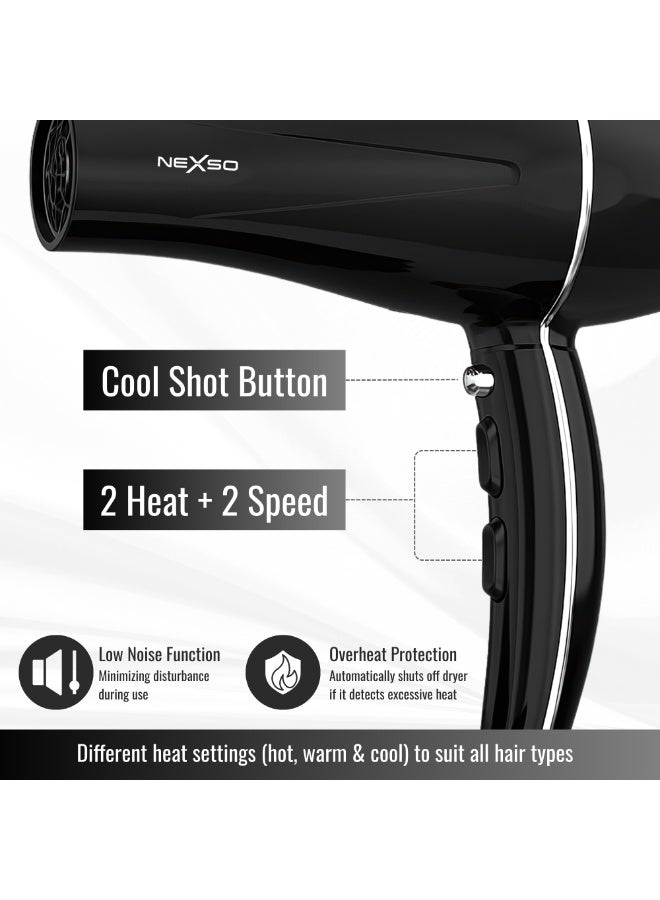 NEXSO 2600W Professional Ionic Hair Dryer with Cool Shot, 2 Heat & 2 Speed Settings, Diffuser for Curly Hair & 2 Nozzles, Low Noise Blow Dryer, Frizz Control, Long Cord – Salon Results at Home - Image 5