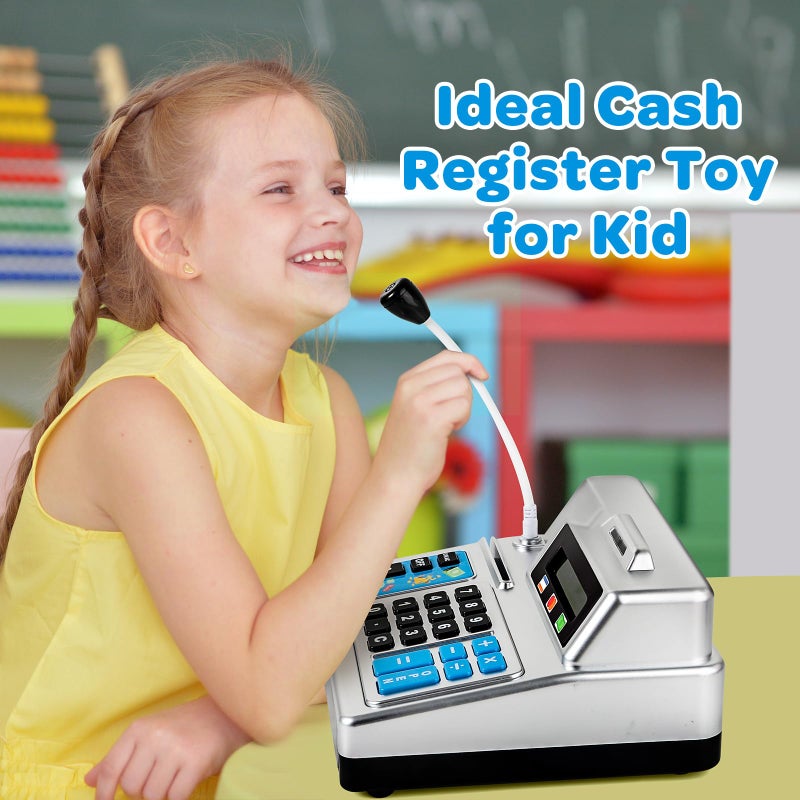 Bstoyder Calculator Cash Register Toy Gift for Kids Age 3, 4, 5, 6, 7, 8+ Year Old, 103 Pcs Pretend Grocery Store Playset with Toy Cash, Microphone, Credit Card, Play Cash Register for Toddlers 4-8, Silvery - Image 4
