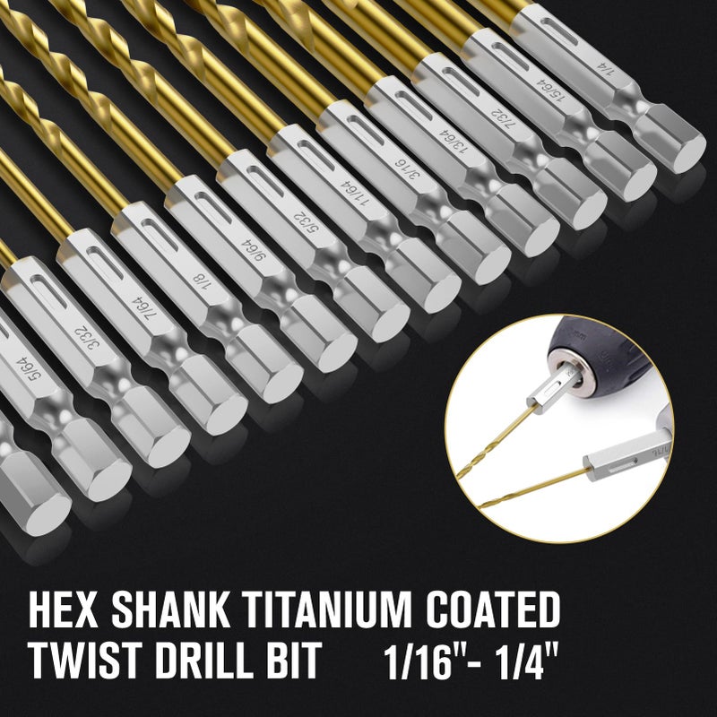 MACXCOIP Hex Shank Drill Bit Set, 19Pcs Titanium Twist Drill Bit For Sheet Metal, Wood, Plastic, Quick Change Design (1/16"" - 1/4"") - Image 4