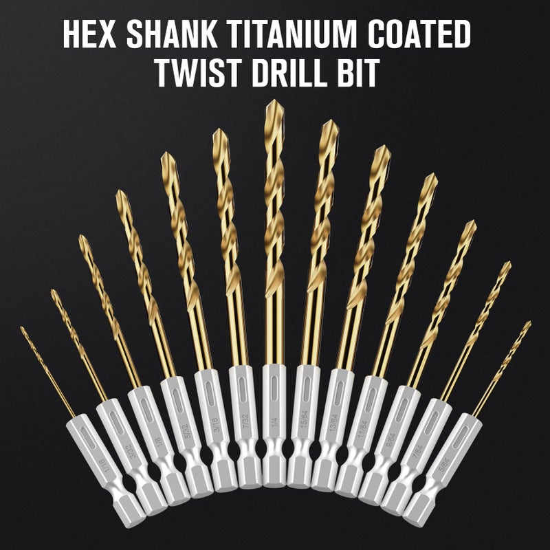 MACXCOIP Hex Shank Drill Bit Set, 19Pcs Titanium Twist Drill Bit For Sheet Metal, Wood, Plastic, Quick Change Design (1/16"" - 1/4"") - Image 5