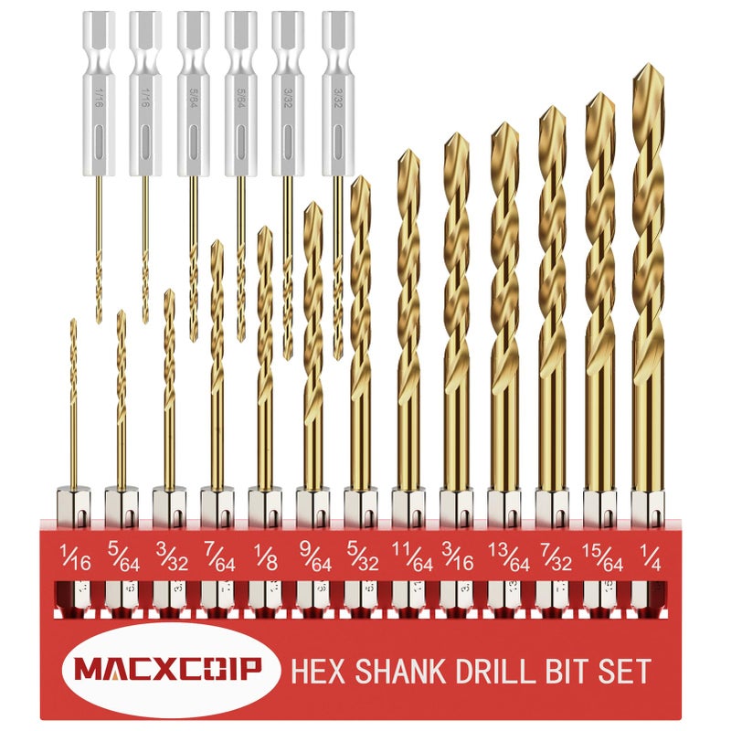 MACXCOIP Hex Shank Drill Bit Set, 19Pcs Titanium Twist Drill Bit For Sheet Metal, Wood, Plastic, Quick Change Design (1/16"" - 1/4"") - Image 1