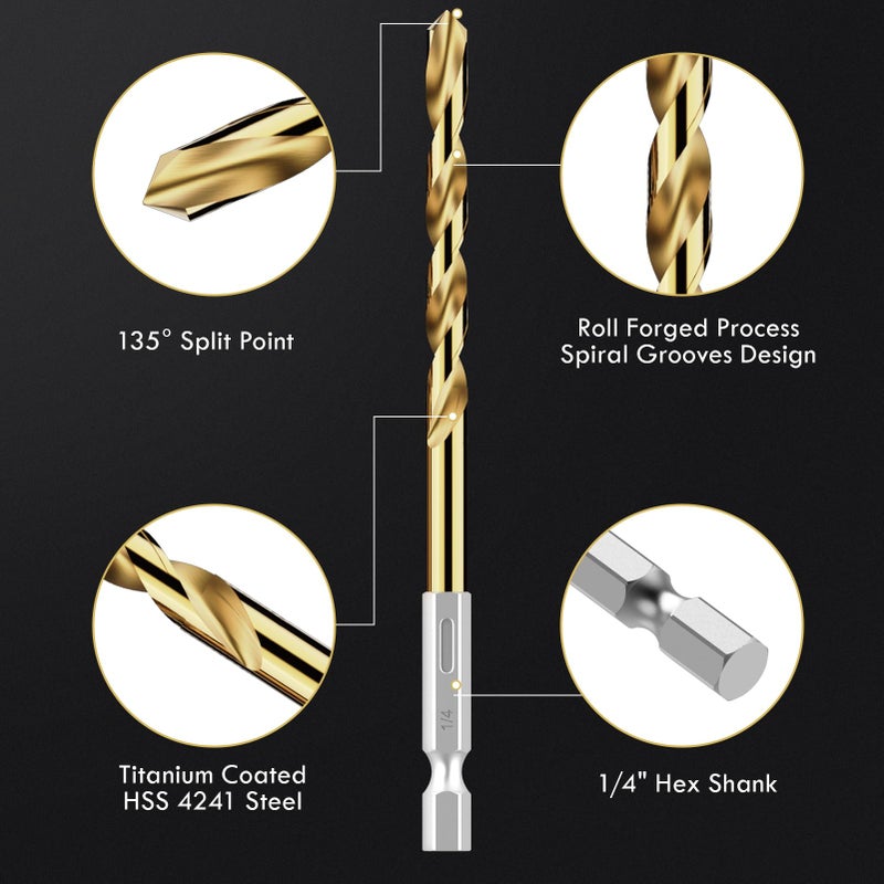 MACXCOIP Hex Shank Drill Bit Set, 19Pcs Titanium Twist Drill Bit For Sheet Metal, Wood, Plastic, Quick Change Design (1/16"" - 1/4"") - Image 2