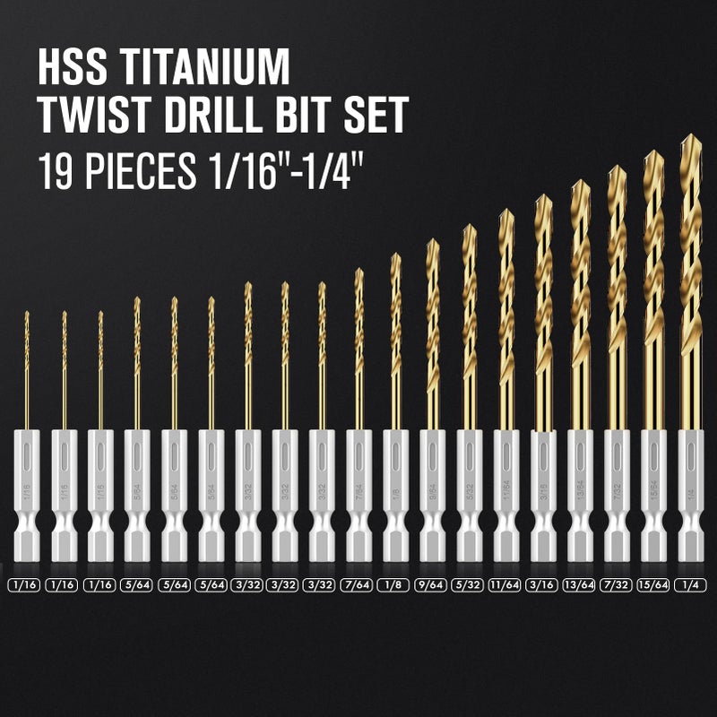 MACXCOIP Hex Shank Drill Bit Set, 19Pcs Titanium Twist Drill Bit For Sheet Metal, Wood, Plastic, Quick Change Design (1/16"" - 1/4"") - Image 3