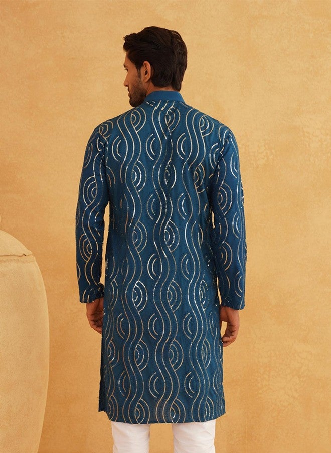 Sojanya قميص كورتا مزخرف غير تقليدي باللون الأزرق الفاتح للرجال - Image 4