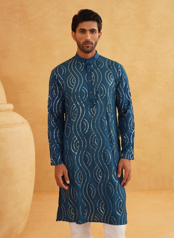 Sojanya قميص كورتا مزخرف غير تقليدي باللون الأزرق الفاتح للرجال - Image 2