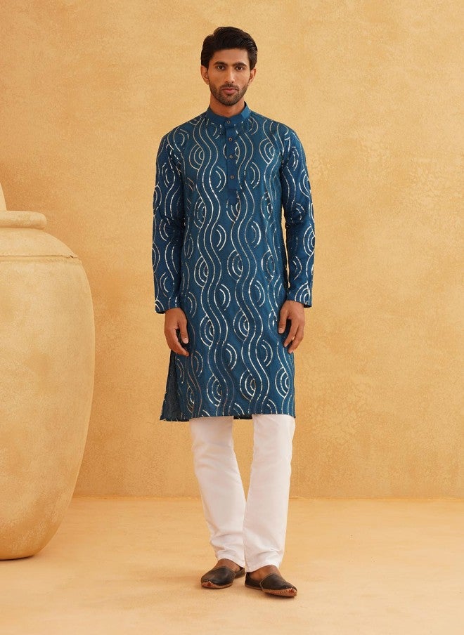 Sojanya قميص كورتا مزخرف غير تقليدي باللون الأزرق الفاتح للرجال - Image 5