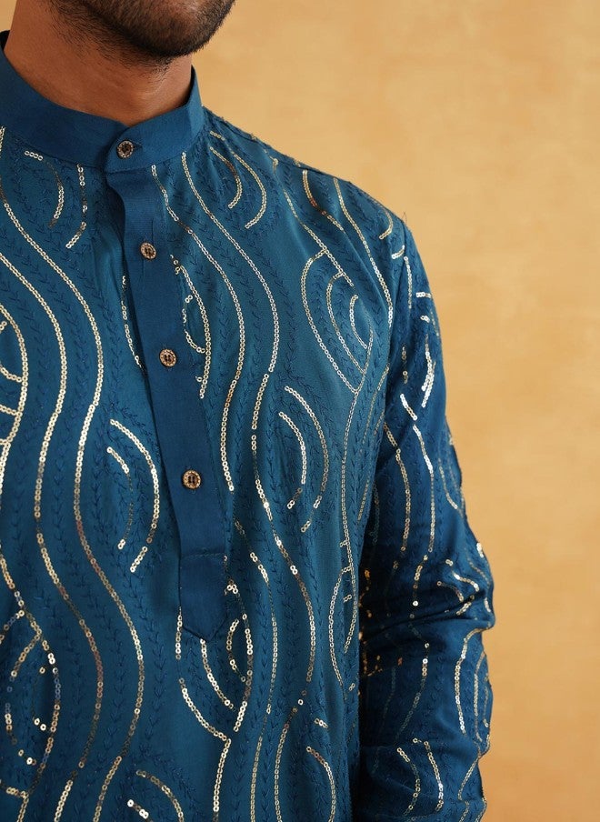 Sojanya قميص كورتا مزخرف غير تقليدي باللون الأزرق الفاتح للرجال - Image 3