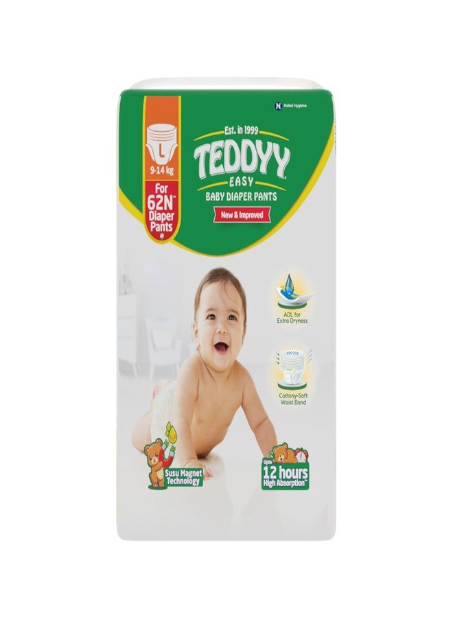 TEDDYY Easy Baby L Size Diaper Pant Style | 62 Count (Large) | 9-14 kg (Pack of 1) | Long Protection Hours | Anti-Bacterial | Airy Breathable Fit | Rapid Soaker Channels & Wetness Indicator - Image 1