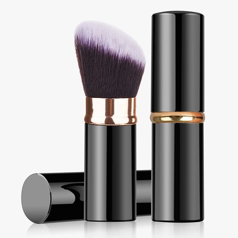RN BEAUTY Retractable Kabuki Brushes Foundation Brush Powder Brush Blush Brush Extensible Makeup Brush Face Blender Brush Professional Mineral Blending Buffing Concealer Brush Aluminum Case Portable With Cover (Angled Top, Black) 