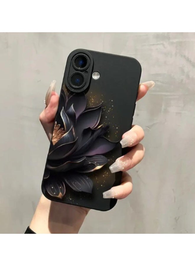 iPhone 14 Pro Max Cover Silicone Shockproof Black for Lotus Pattern, Black Color - Image 1