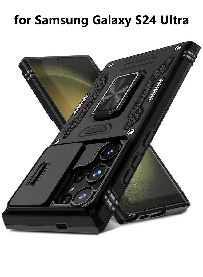 Case for Samsung Galaxy S24 Ultra with Slide Camera Cover, Rotated Ring Kickstand Shockproof Protective Cover-Black - Image 1