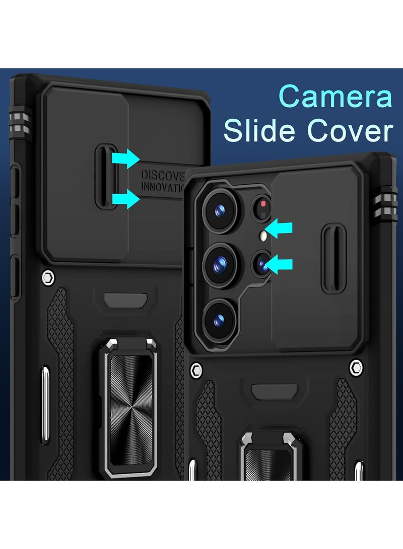 Case for Samsung Galaxy S24 Ultra with Slide Camera Cover, Rotated Ring Kickstand Shockproof Protective Cover-Black - Image 2